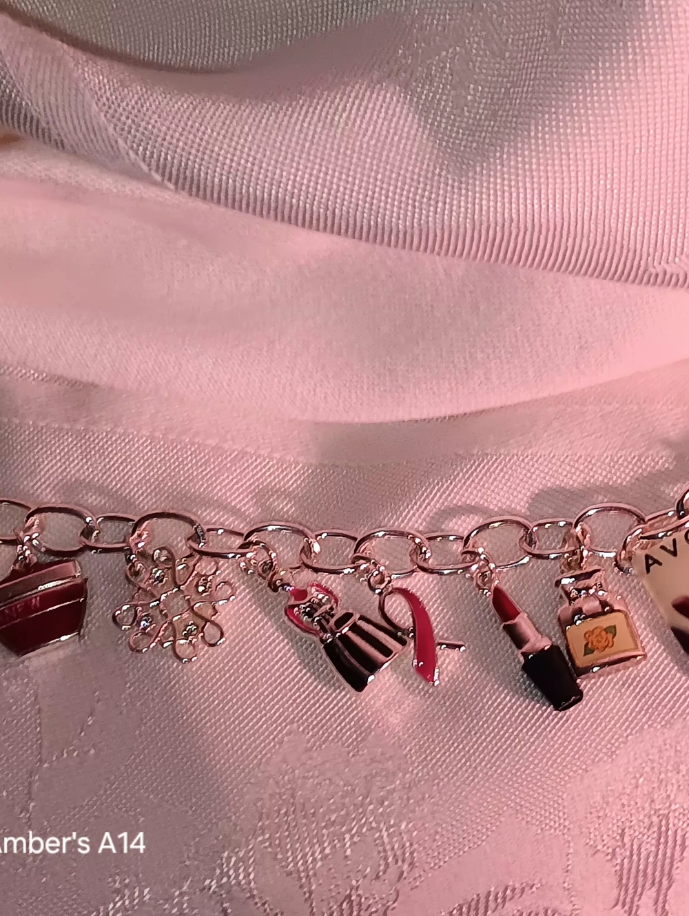 Avon Silver Chain Charm Bracelet with Red and Pearl Accents